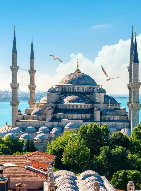 The Blue Mosque in Istanbul, with its domes and six minarets, set against a bright sky and overlooking the sea.