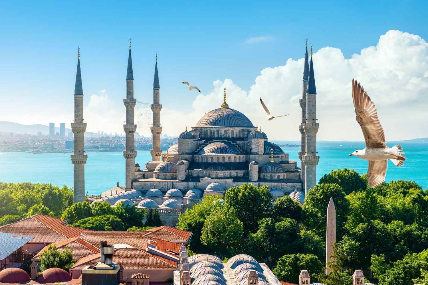 The Blue Mosque in Istanbul, with its domes and six minarets, set against a bright sky and overlooking the sea.