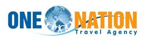 One Nation Travel logo featuring a stylized globe with an airplane circling around, symbolizing global travel.