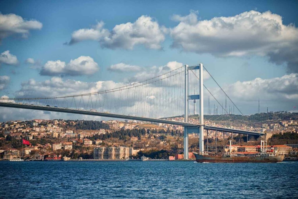 Bosphorus Bridge over the Bosphorus Strait, connecting Istanbul's European and Asian sides with a cityscape in the background.